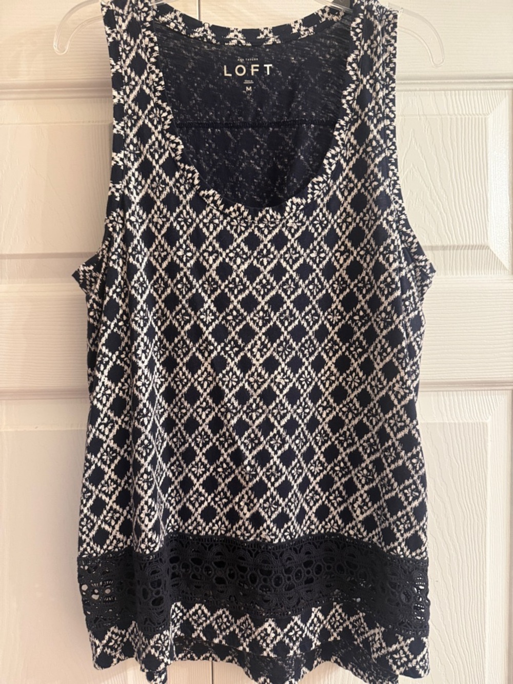 LOFT Navy and White Diamond Lace-Hem Tank.  Size M.
